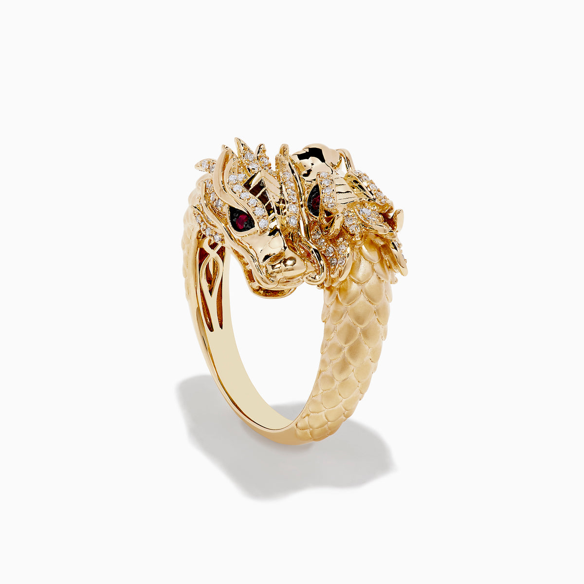 The Safari 14K Yellow Gold Ruby and Diamond Dragon Bypass Ring features a dragon design with a detailed head, ruby eyes, diamond accents, and a textured scale-like band, all set against a white background.