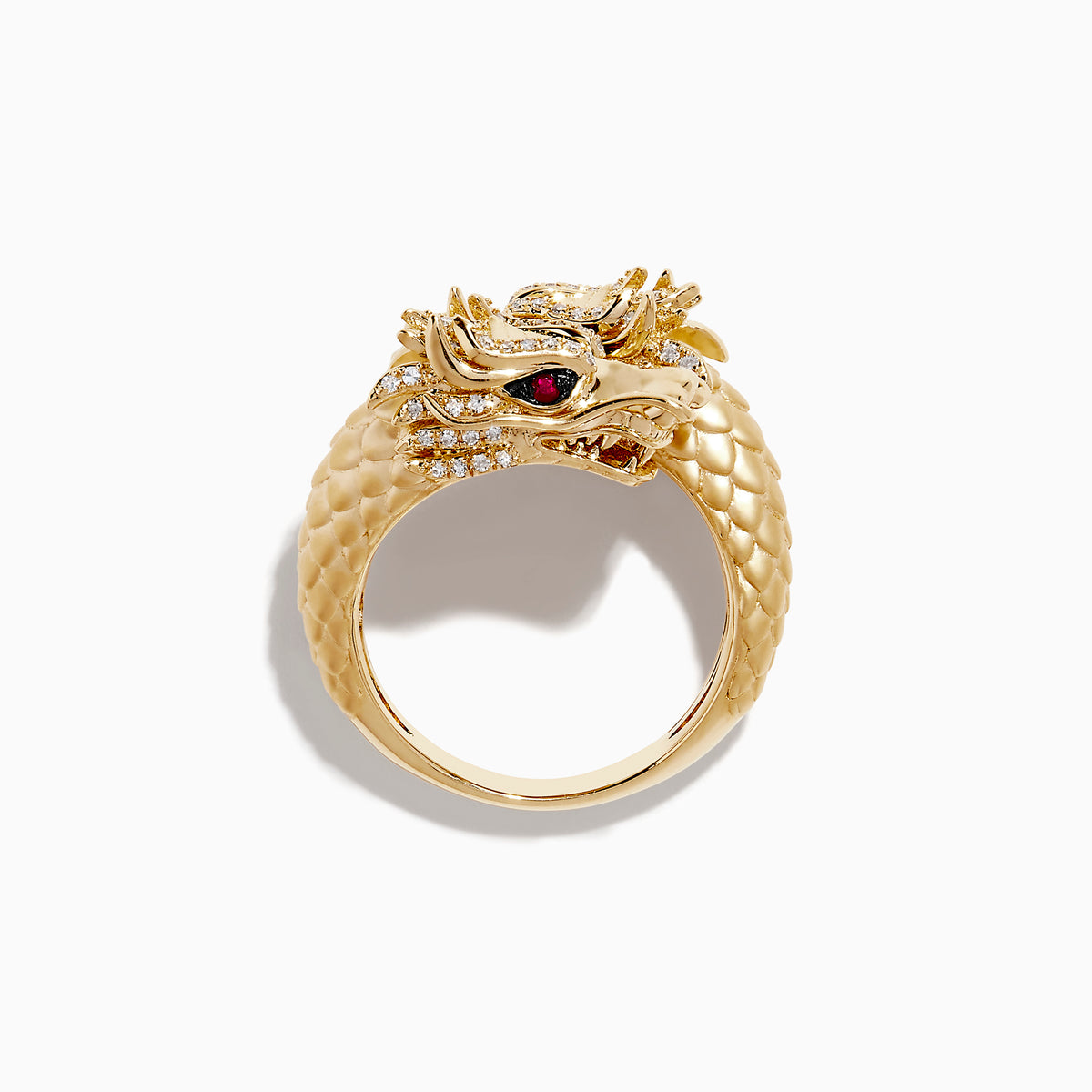 The Safari 14K Yellow Gold Ruby and Diamond Dragon Bypass Ring features a dragon design with a detailed head, ruby eyes, diamond accents, and a textured scale-like band, all set against a white background.