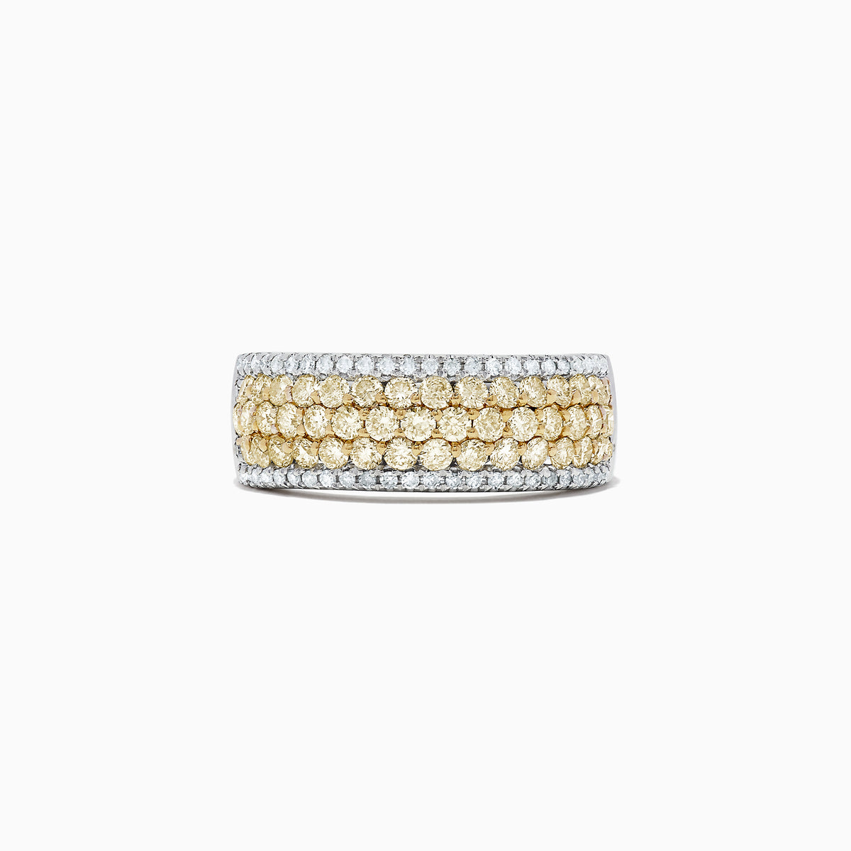 The Canare 14K Two Tone Gold Yellow and White Diamond Ring, 1.26 TCW, features three rows of round yellow diamonds bordered by two rows of white diamonds, all set in elegant two-tone gold and shown on a white background.