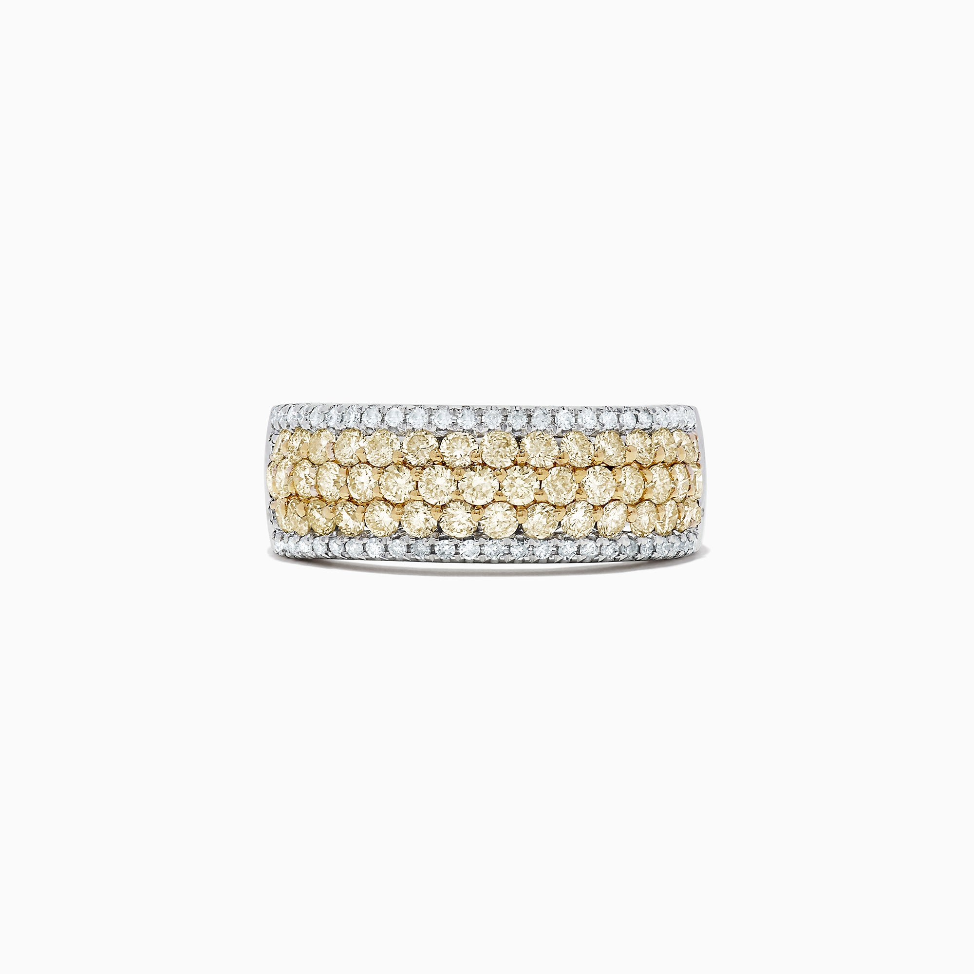 The Canare 14K Two Tone Gold Yellow and White Diamond Ring, 1.26 TCW, features three rows of round yellow diamonds bordered by two rows of white diamonds, all set in elegant two-tone gold and shown on a white background.