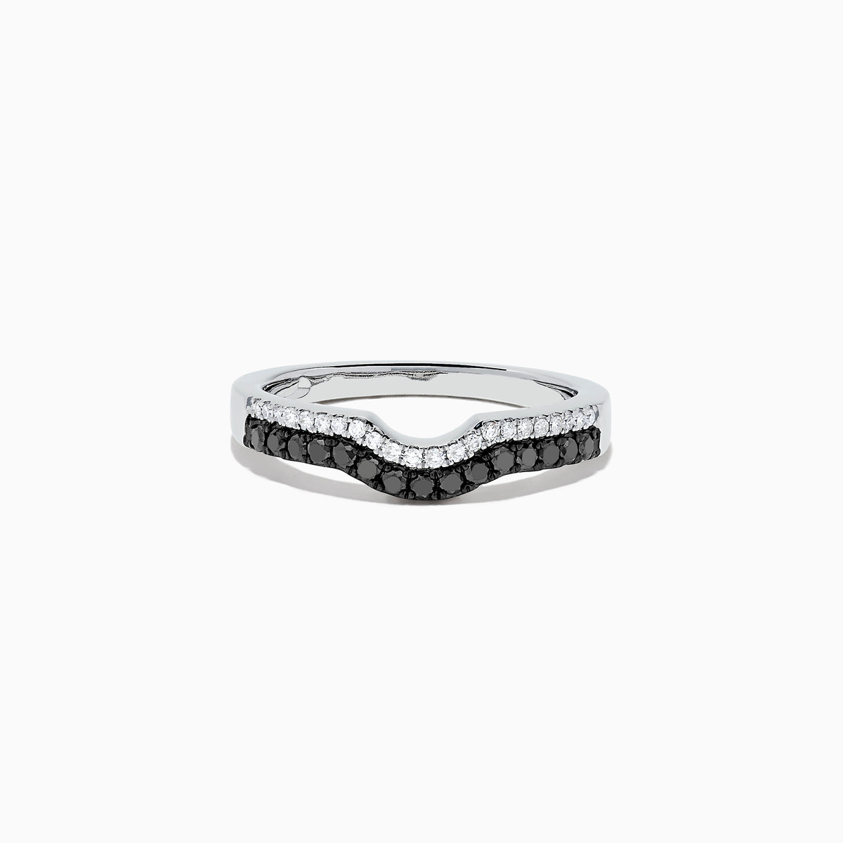 A 14K white gold Effy ring with a wavy design, featuring a row of black diamonds along the front and a smaller row of white diamonds above the curve, total carat weight 0.32.