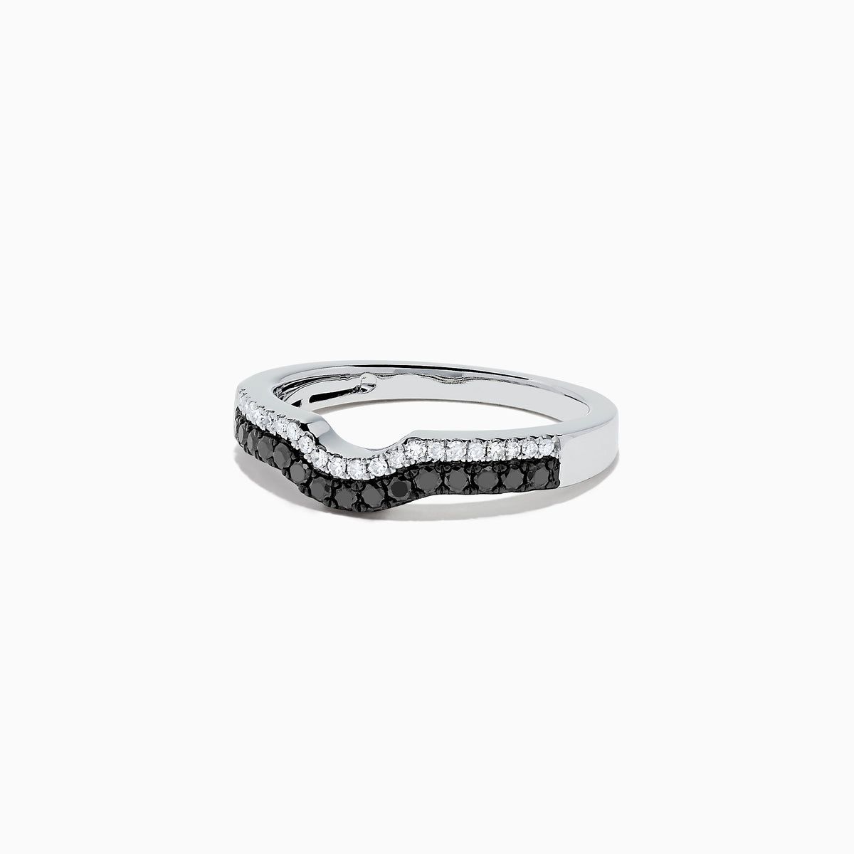 A 14K white gold Effy ring with a wavy design, featuring a row of black diamonds along the front and a smaller row of white diamonds above the curve, total carat weight 0.32.