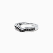 A 14K white gold Effy ring with a wavy design, featuring a row of black diamonds along the front and a smaller row of white diamonds above the curve, total carat weight 0.32.