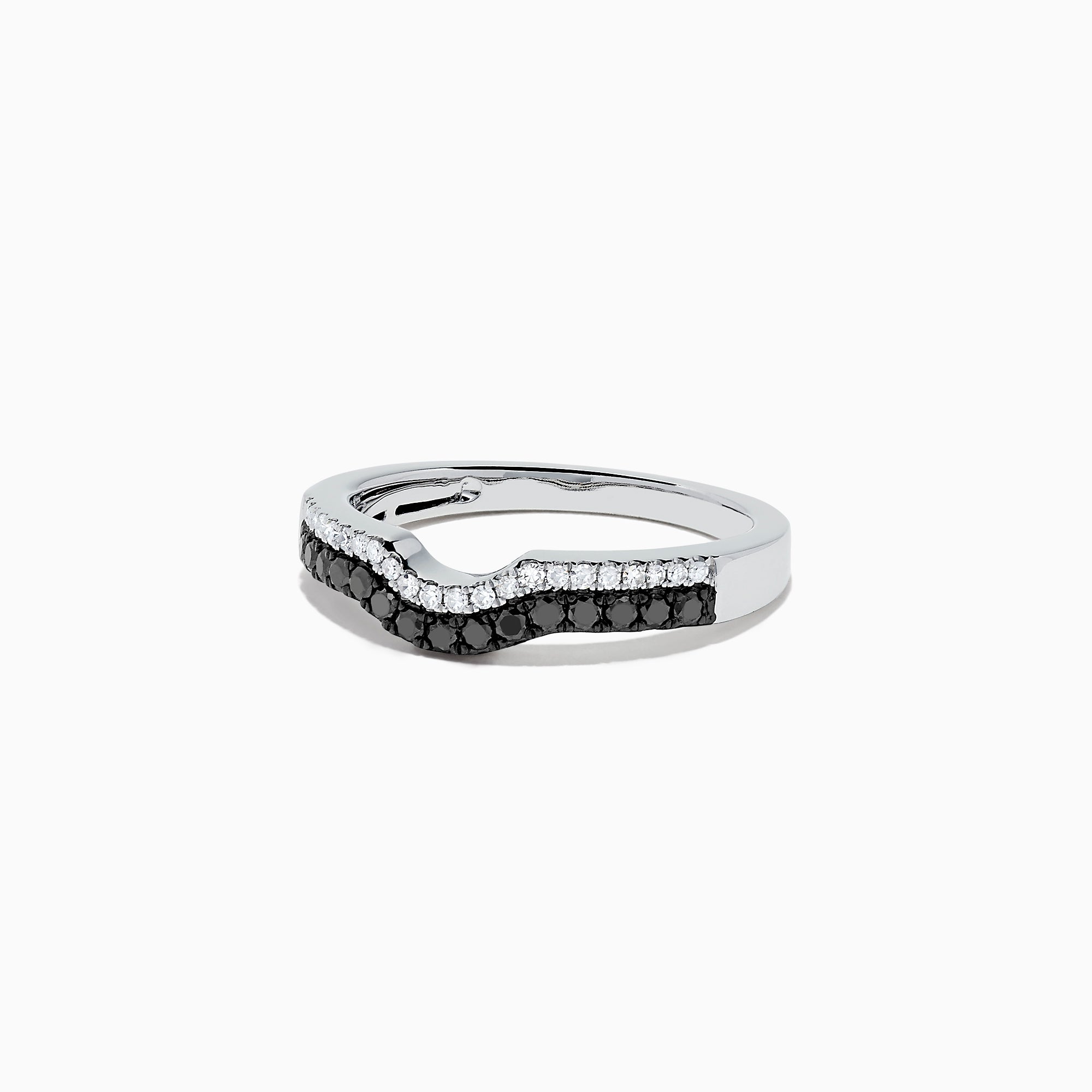 A 14K white gold Effy ring with a wavy design, featuring a row of black diamonds along the front and a smaller row of white diamonds above the curve, total carat weight 0.32.