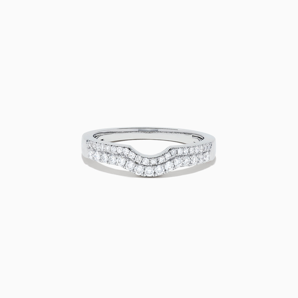 The Pave Classica 14K White Gold Curved Diamond Band, 0.32 TCW, features a chevron-shaped curve and is adorned with small round diamonds across the front half of the band, shown on a plain white background.