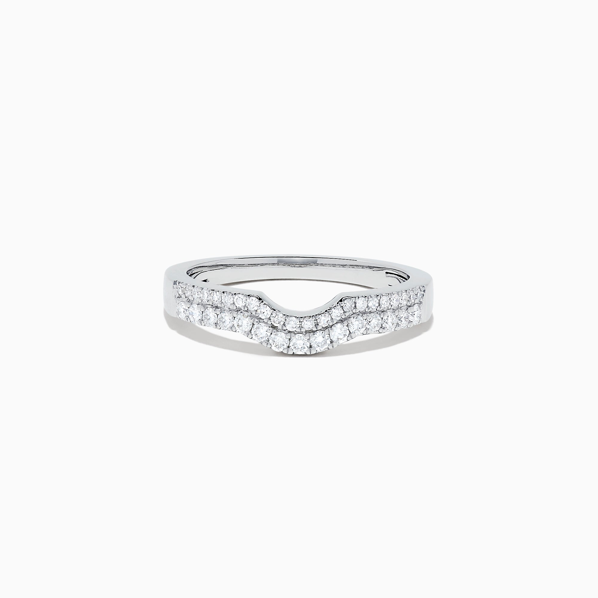 The Pave Classica 14K White Gold Curved Diamond Band, 0.32 TCW, features a chevron-shaped curve and is adorned with small round diamonds across the front half of the band, shown on a plain white background.