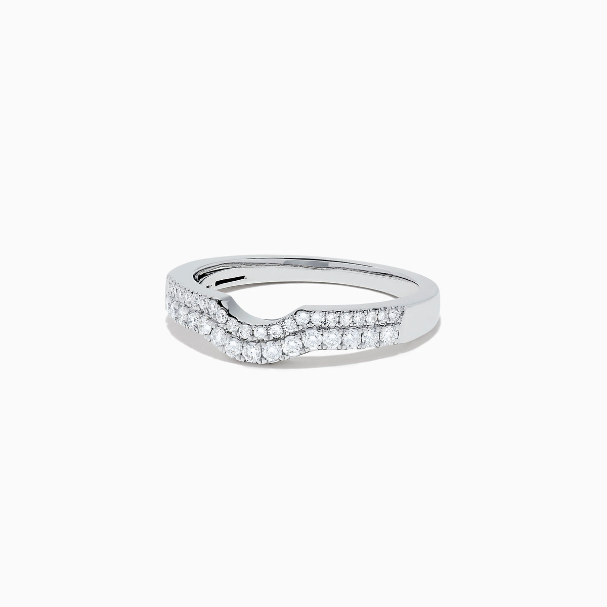 The Pave Classica 14K White Gold Curved Diamond Band, 0.32 TCW, features a chevron-shaped curve and is adorned with small round diamonds across the front half of the band, shown on a plain white background.