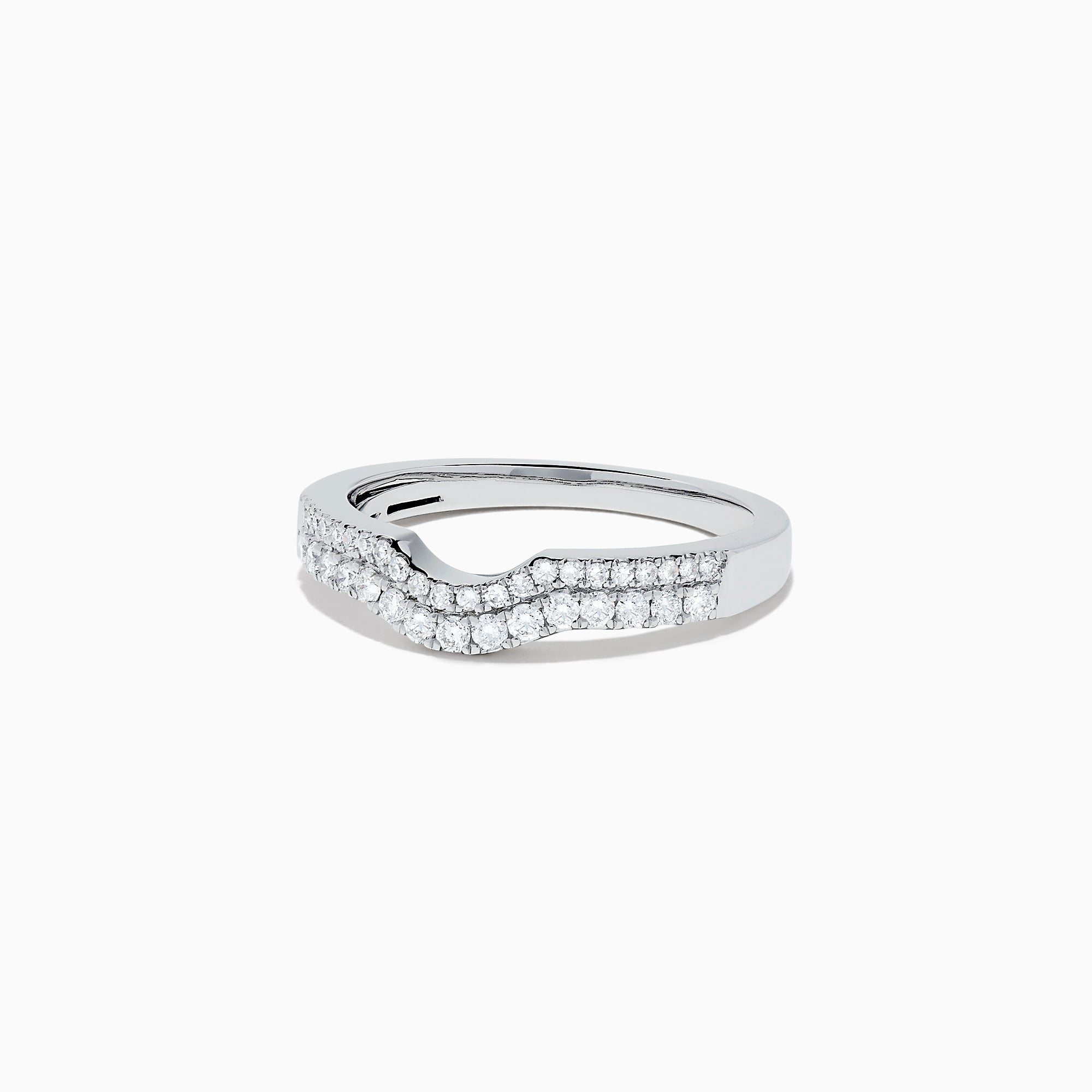 The Pave Classica 14K White Gold Curved Diamond Band, 0.32 TCW, features a chevron-shaped curve and is adorned with small round diamonds across the front half of the band, shown on a plain white background.