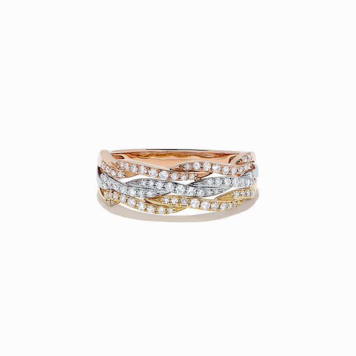 The Trio 14K Tri Tone Gold Diamond Ring, 0.34 TCW, features intertwined rose, yellow, and white gold bands accented with round diamonds in an elegant wave design.