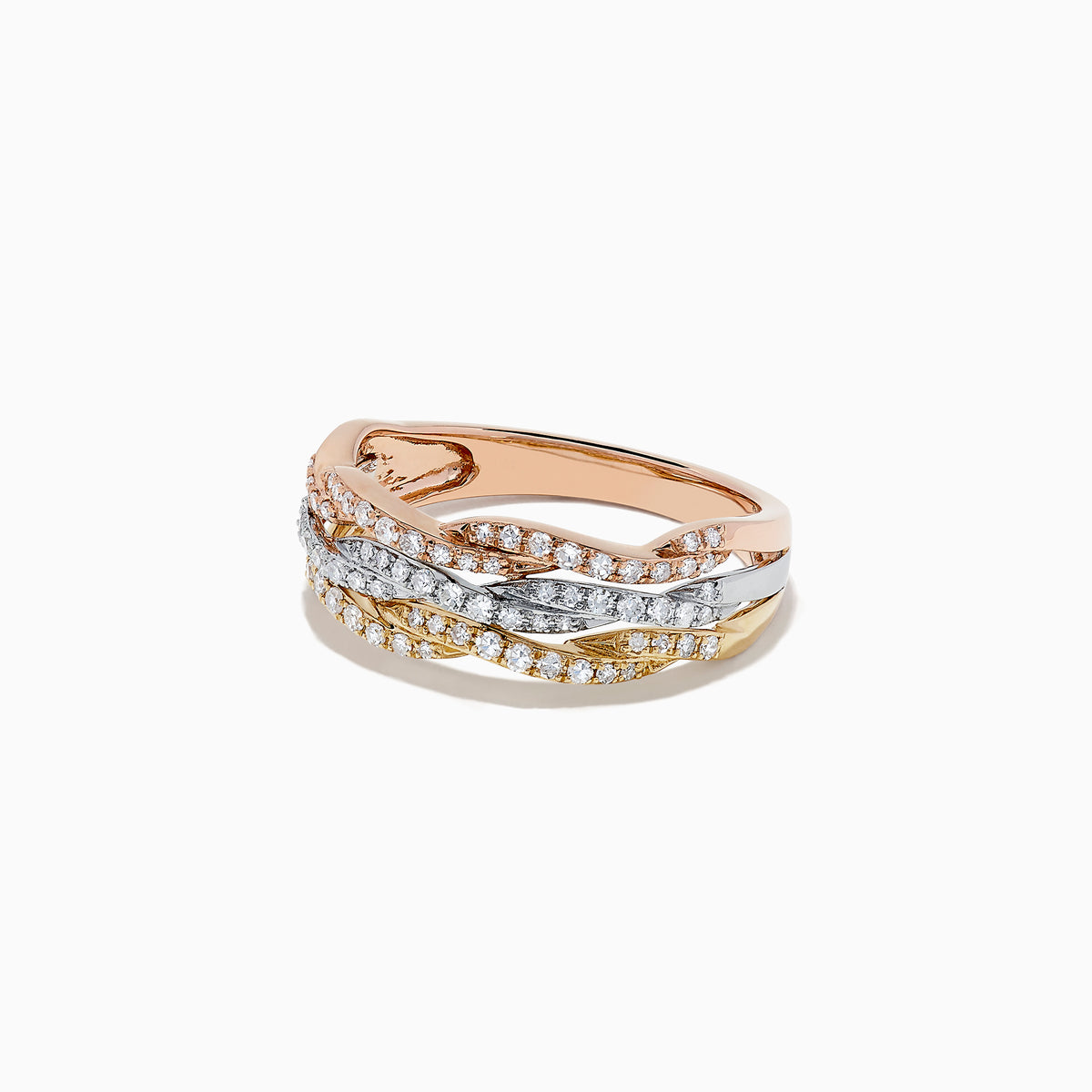 The Trio 14K Tri Tone Gold Diamond Ring, 0.34 TCW, features intertwined rose, yellow, and white gold bands accented with round diamonds in an elegant wave design.