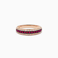 The Ruby Royale 14K Rose Gold Pave Ruby and Diamond Band, 0.38 TCW, showcases a central row of vivid rubies bordered by sparkling diamonds, elegantly set in rose gold and beautifully displayed on a white background.