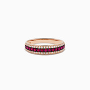 The Ruby Royale 14K Rose Gold Pave Ruby and Diamond Band, 0.38 TCW, showcases a central row of vivid rubies bordered by sparkling diamonds, elegantly set in rose gold and beautifully displayed on a white background.