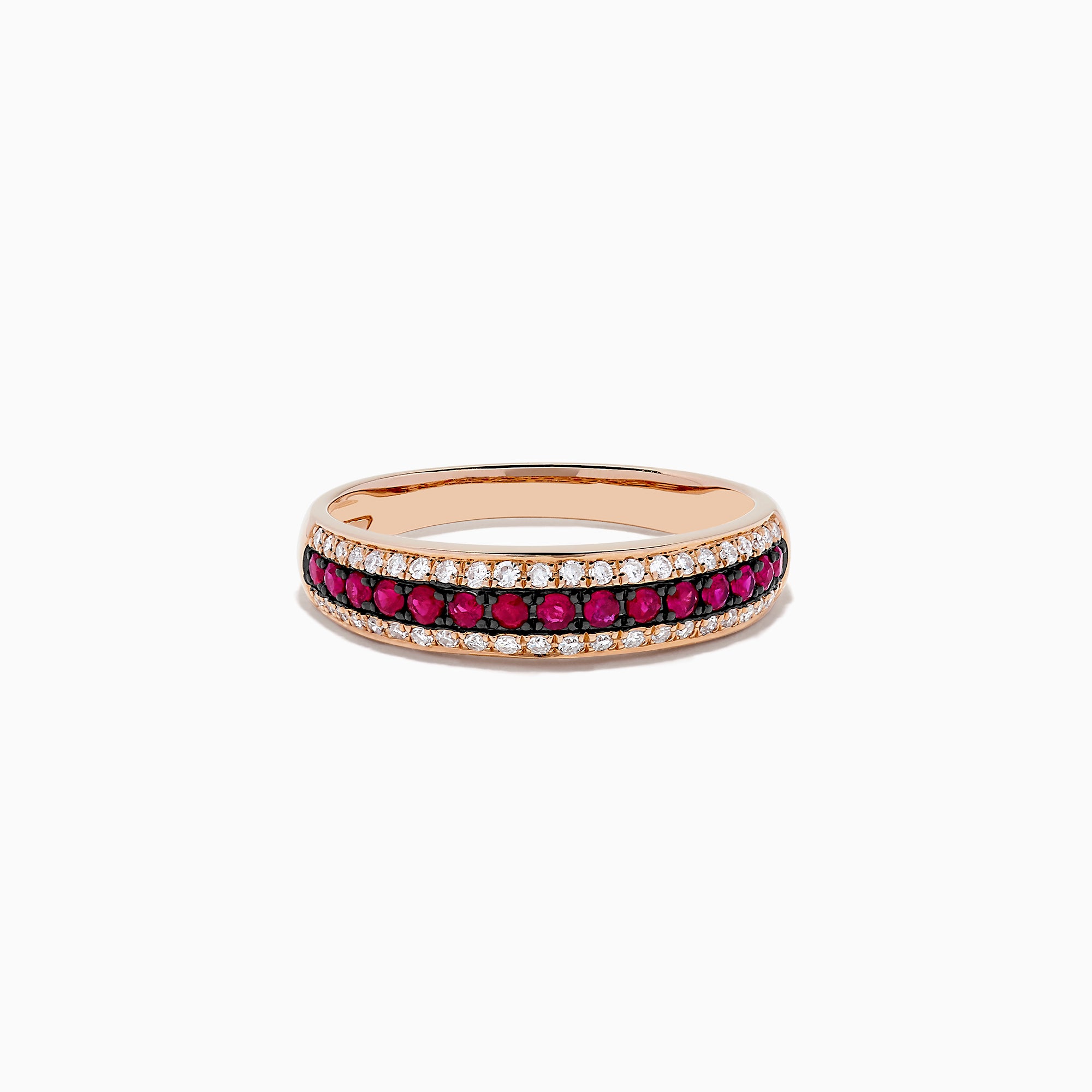 The Ruby Royale 14K Rose Gold Pave Ruby and Diamond Band, 0.38 TCW, showcases a central row of vivid rubies bordered by sparkling diamonds, elegantly set in rose gold and beautifully displayed on a white background.