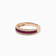The Ruby Royale 14K Rose Gold Pave Ruby and Diamond Band, 0.38 TCW, showcases a central row of vivid rubies bordered by sparkling diamonds, elegantly set in rose gold and beautifully displayed on a white background.