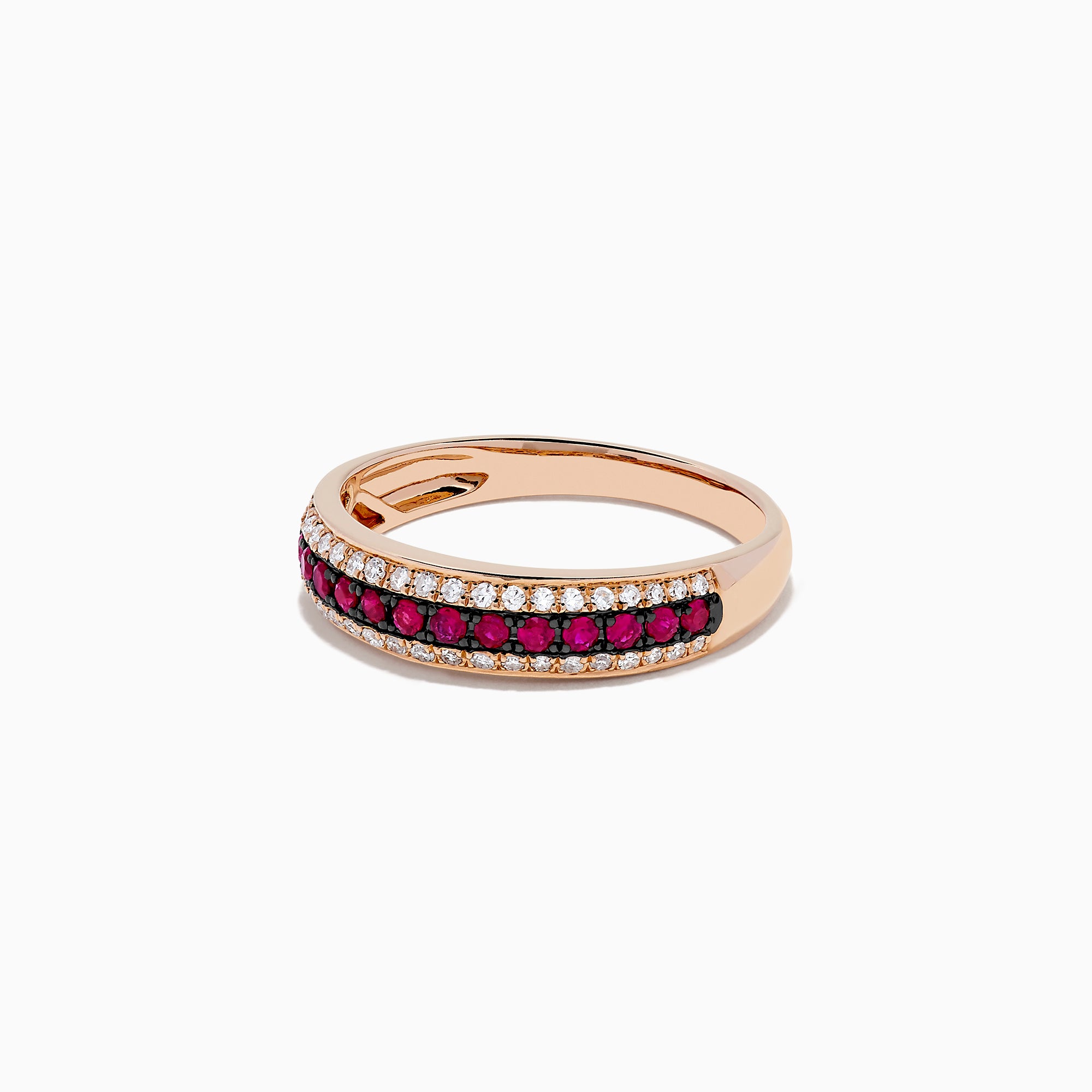 The Ruby Royale 14K Rose Gold Pave Ruby and Diamond Band, 0.38 TCW, showcases a central row of vivid rubies bordered by sparkling diamonds, elegantly set in rose gold and beautifully displayed on a white background.