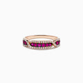 The Ruby Royale 14K Rose Gold Pave Ruby and Diamond Band features a row of round rubies bordered by sparkling white diamonds in a geometric pattern, offering an elegant, symmetrical look reminiscent of a classic diamond band.
