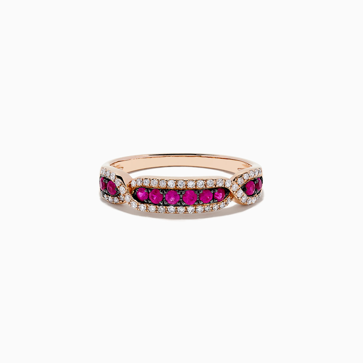 The Ruby Royale 14K Rose Gold Pave Ruby and Diamond Band features a row of round rubies bordered by sparkling white diamonds in a geometric pattern, offering an elegant, symmetrical look reminiscent of a classic diamond band.