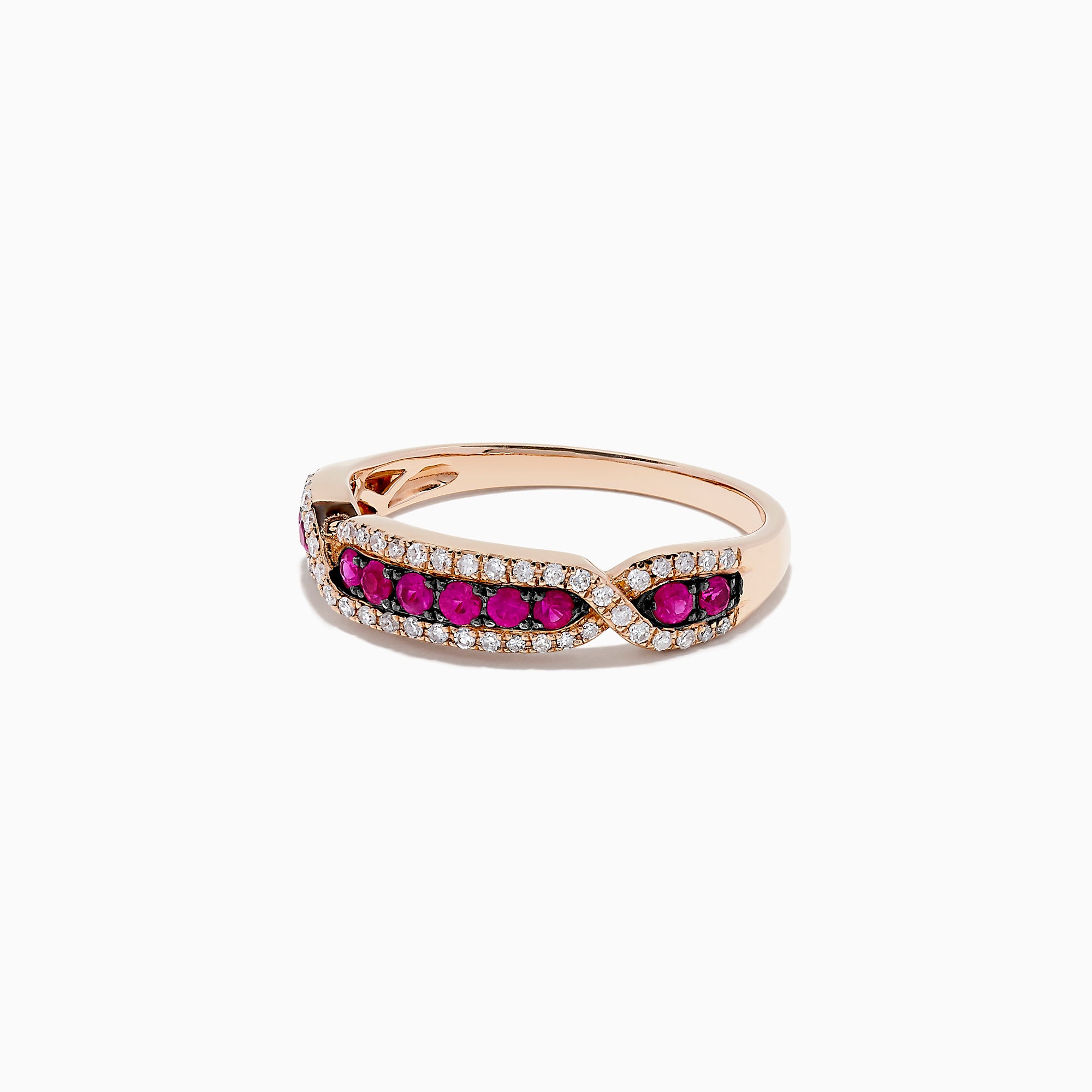 The Ruby Royale 14K Rose Gold Pave Ruby and Diamond Band features a row of round rubies bordered by sparkling white diamonds in a geometric pattern, offering an elegant, symmetrical look reminiscent of a classic diamond band.