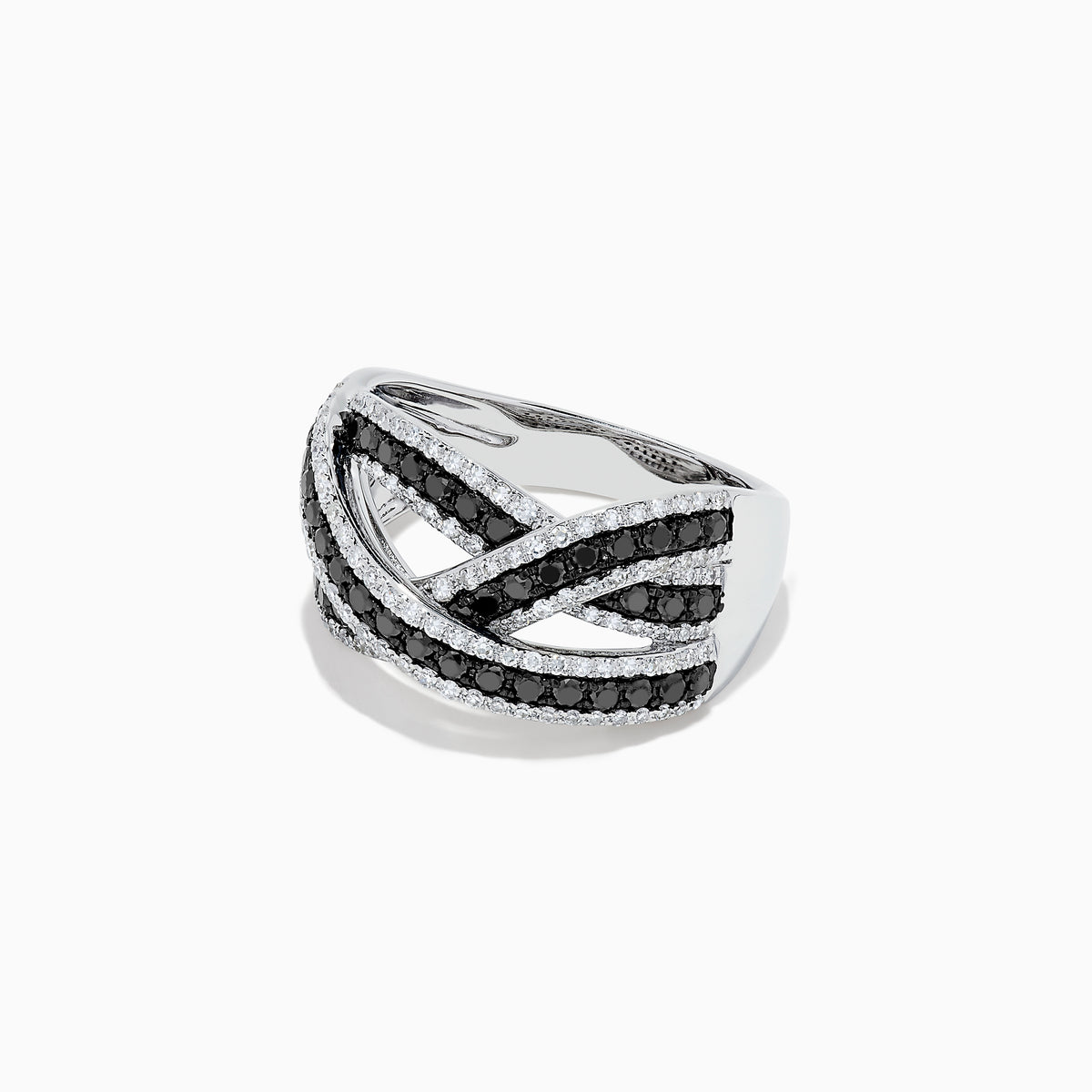 The 14K White Gold Black and White Diamond Crossover Ring features intertwining bands set with rows of black and white diamonds, creating a striking, braided design.