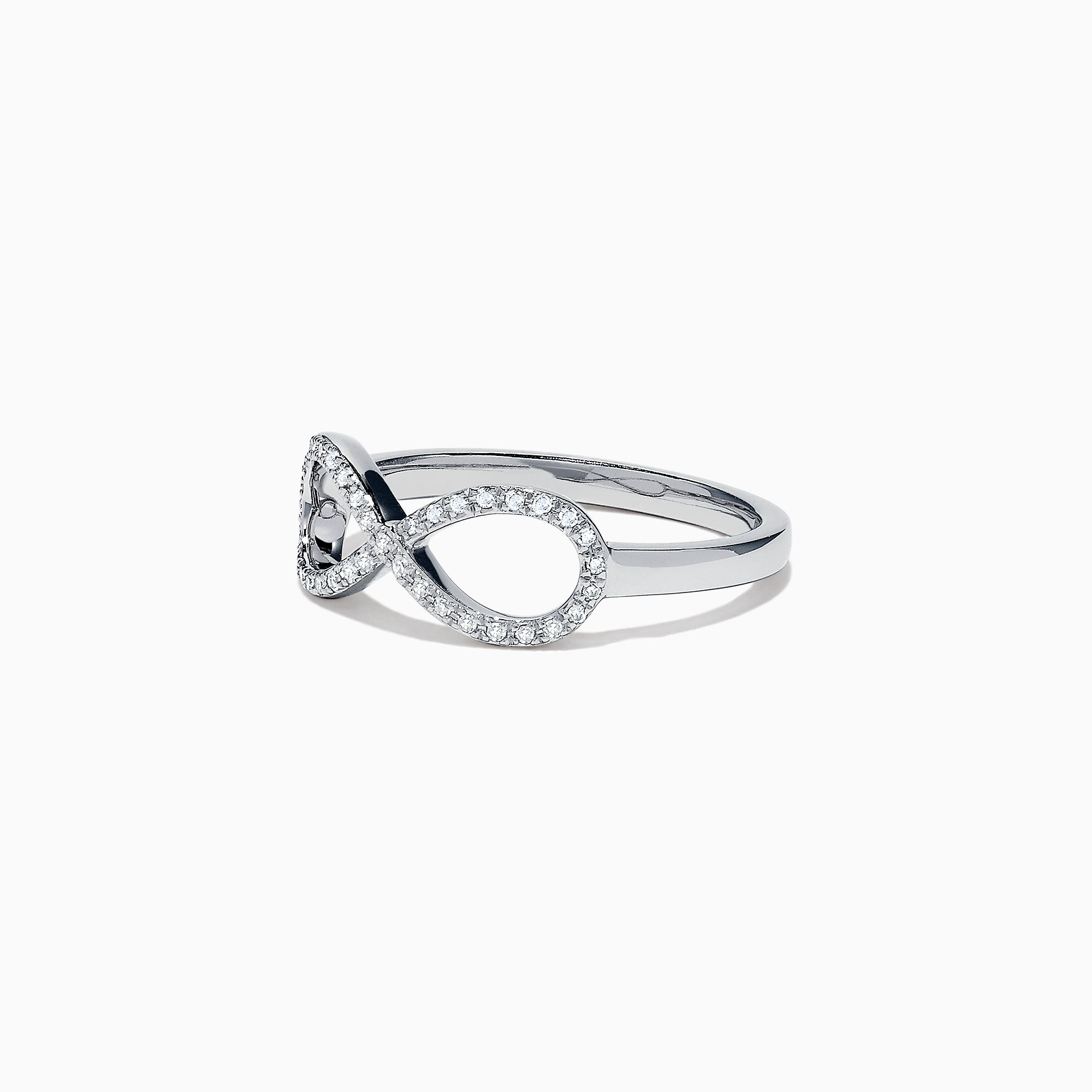 14K White Gold Diamond Infinity Pinky Ring, 0.13 TCW, features a diamond-studded infinity symbol design and is displayed on a white background.