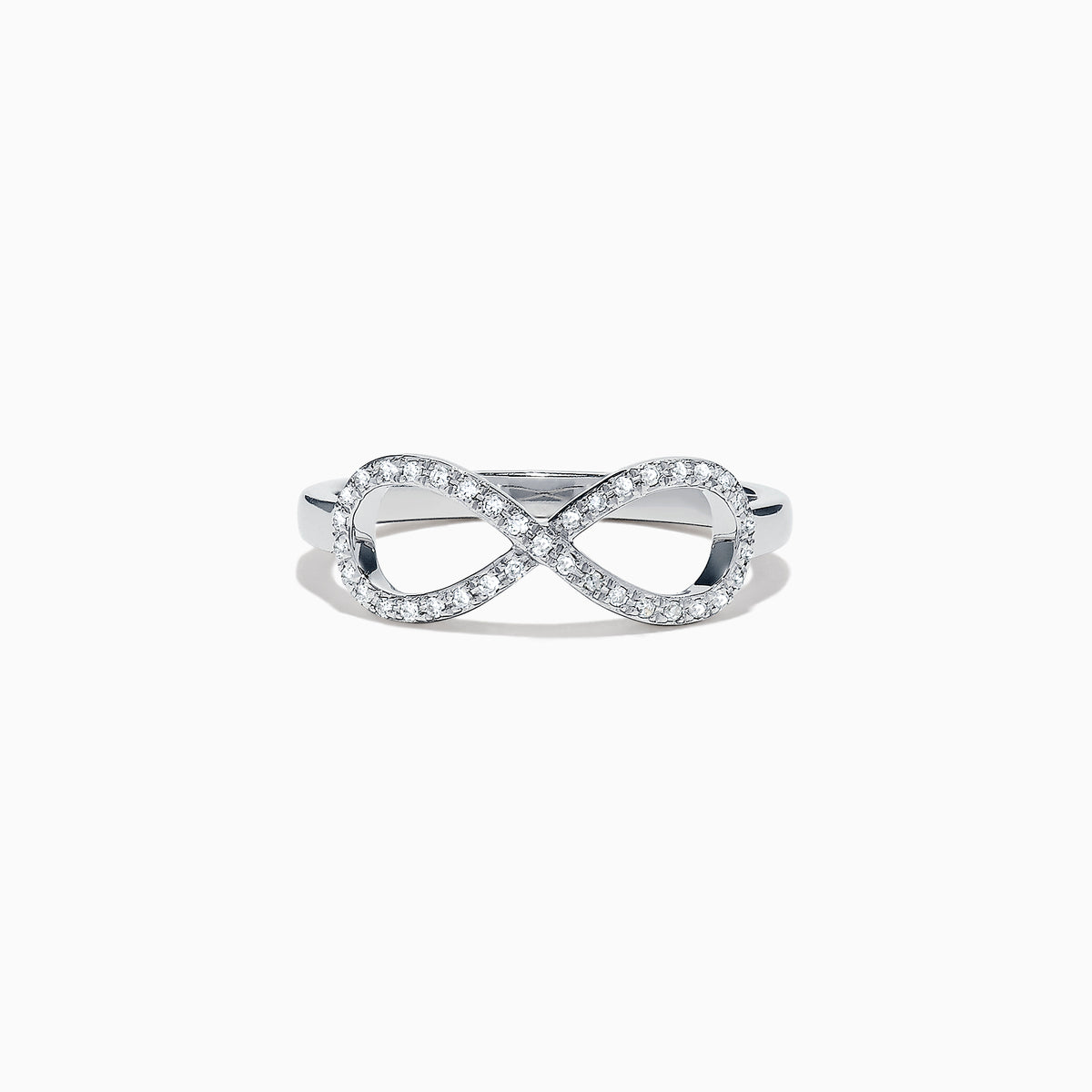14K White Gold Diamond Infinity Pinky Ring, 0.13 TCW, features a diamond-studded infinity symbol design and is displayed on a white background.