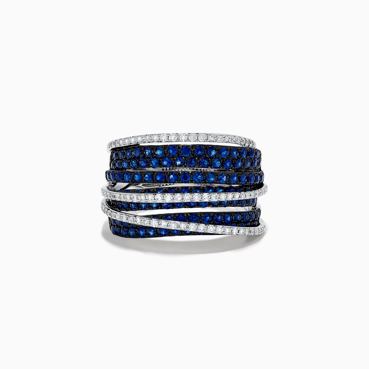 The Royale Bleu 14K White Gold Blue Sapphire and Diamond Crossover Ring showcases alternating blue sapphires and white diamonds in a luminous stacked, overlapping design.