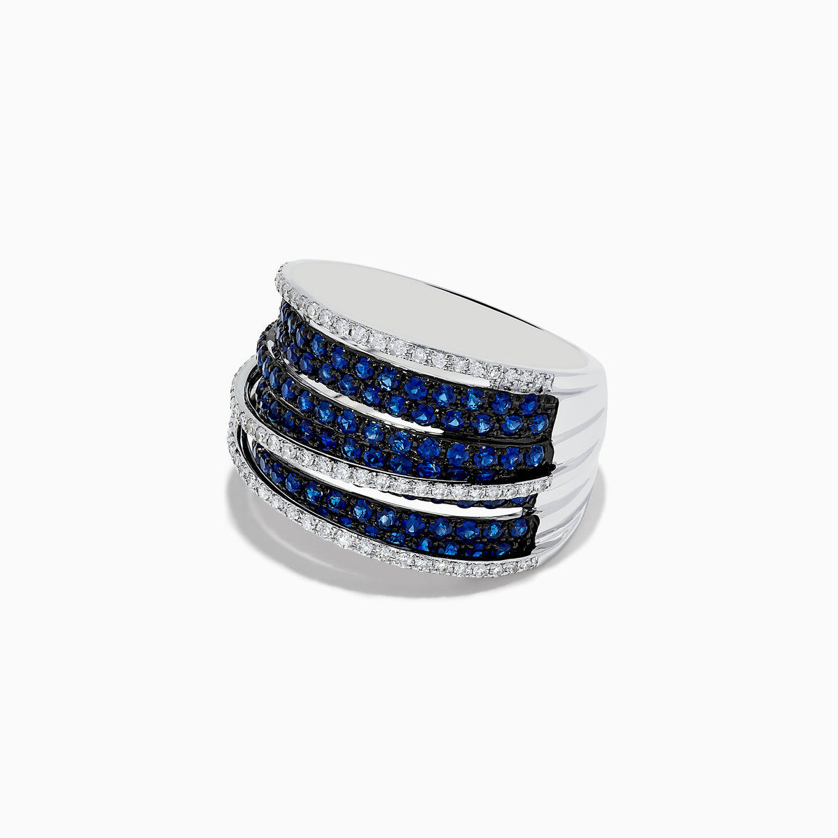 The Royale Bleu 14K White Gold Blue Sapphire and Diamond Crossover Ring showcases alternating blue sapphires and white diamonds in a luminous stacked, overlapping design.