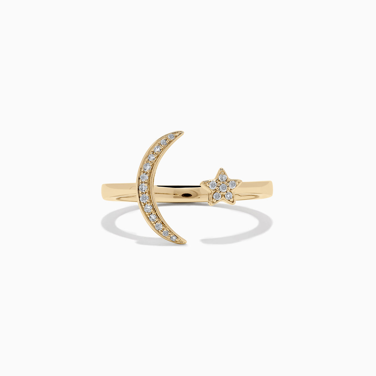 The Novelty 14K Yellow Gold Diamond Moon and Star Ring, 0.08 TCW, features a crescent moon and a petite star adorned with sparkling diamonds on a plain white background—an Effy charm for any jewelry collection.