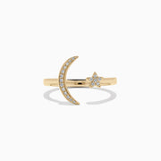 The Novelty 14K Yellow Gold Diamond Moon and Star Ring, 0.08 TCW, features a crescent moon and a petite star adorned with sparkling diamonds on a plain white background—an Effy charm for any jewelry collection.