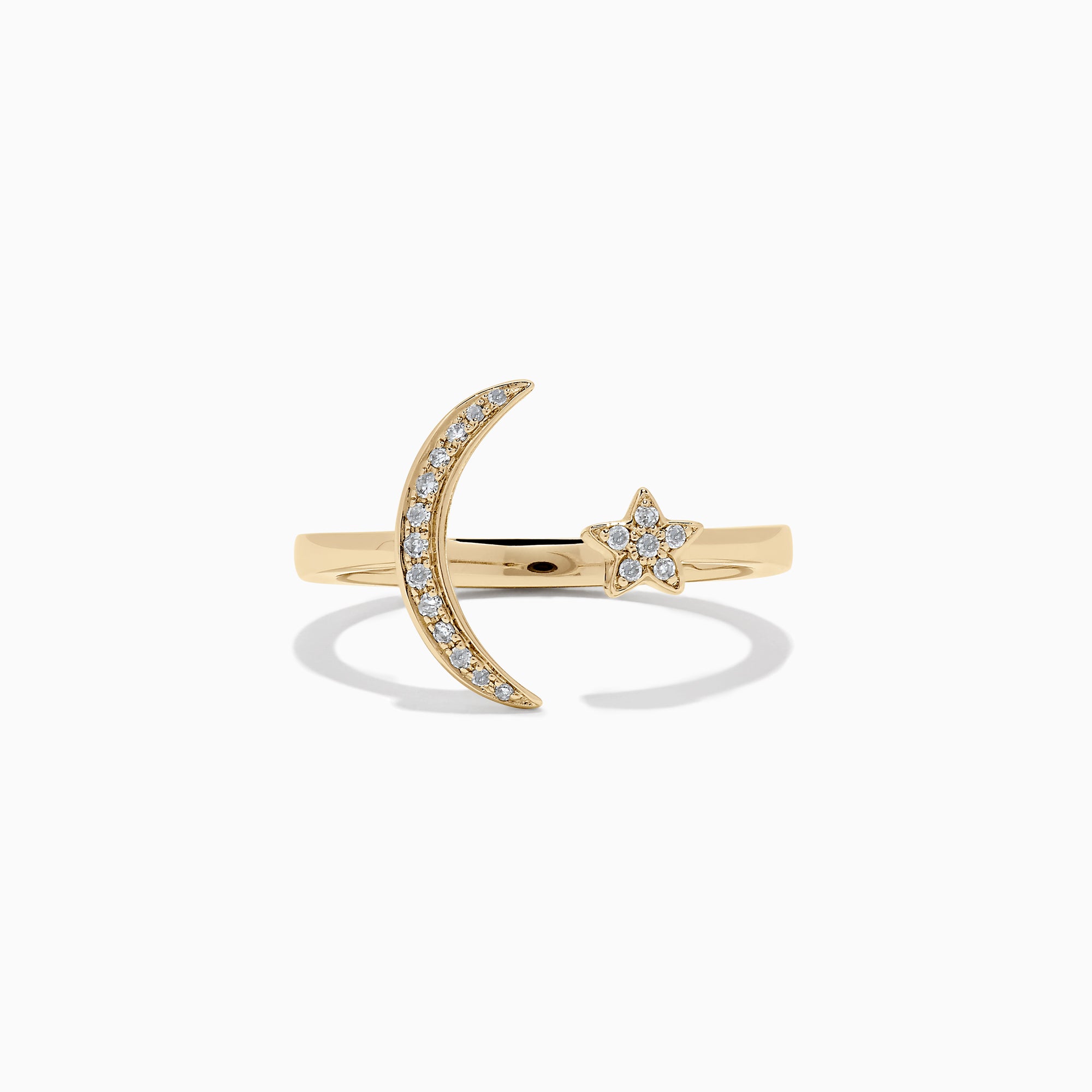 The Novelty 14K Yellow Gold Diamond Moon and Star Ring, 0.08 TCW, features a crescent moon and a petite star adorned with sparkling diamonds on a plain white background—an Effy charm for any jewelry collection.
