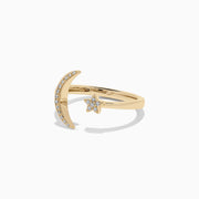 The Novelty 14K Yellow Gold Diamond Moon and Star Ring, 0.08 TCW, features a crescent moon and a petite star adorned with sparkling diamonds on a plain white background—an Effy charm for any jewelry collection.