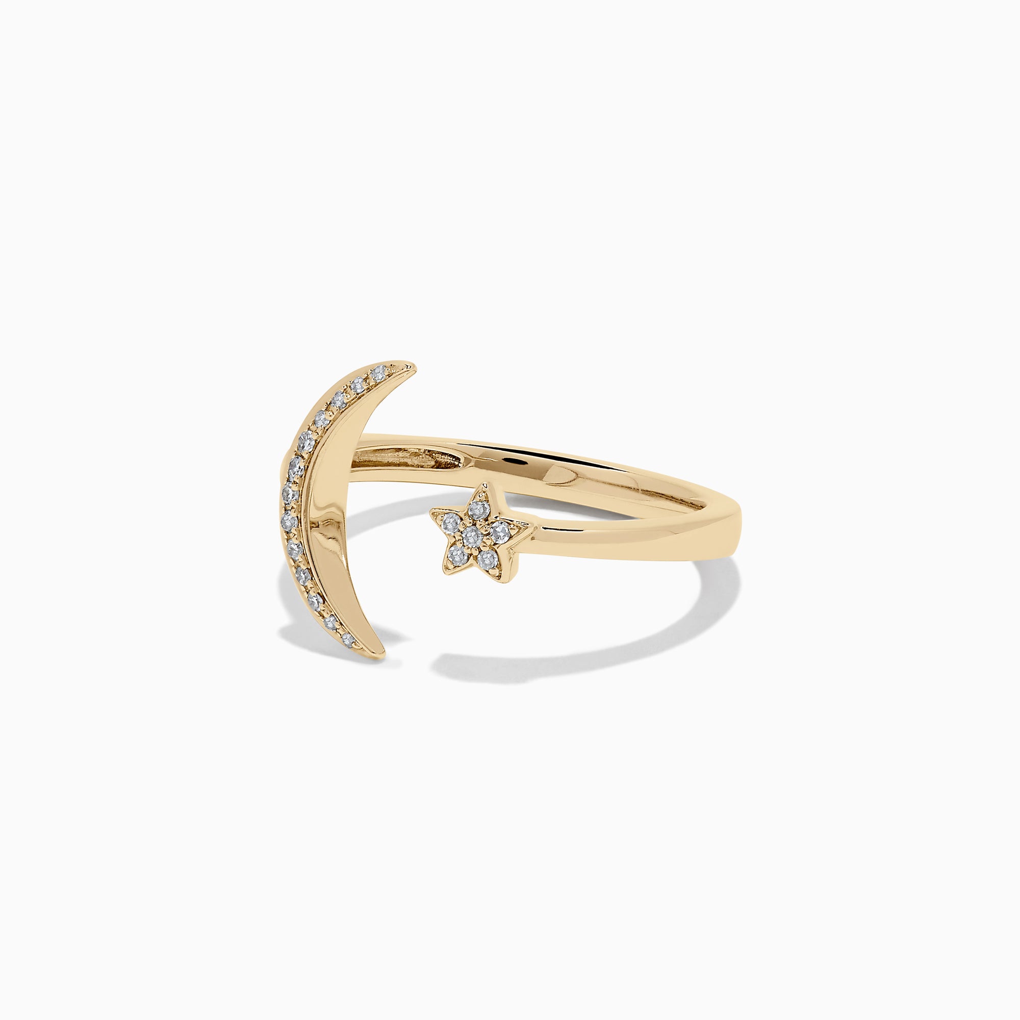 The Novelty 14K Yellow Gold Diamond Moon and Star Ring, 0.08 TCW, features a crescent moon and a petite star adorned with sparkling diamonds on a plain white background—an Effy charm for any jewelry collection.
