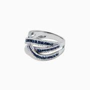 The Royale Bleu 14K White Gold Sapphire and Diamond Crossover Ring, 1.43 TCW, showcases three intertwined bands with alternating blue sapphires and white diamonds for a sophisticated, woven look.
