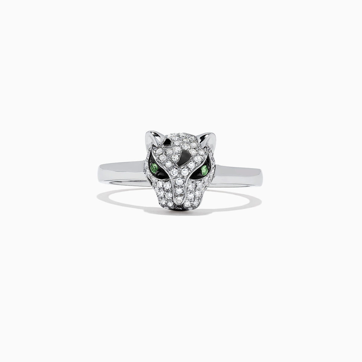 The Signature 14K White Gold Diamond and Tsavorite Panther Ring (0.25 TCW) features a sparkling panther head with diamond accents and vivid green tsavorite eyes, set against a plain white background.