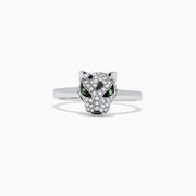 The Signature 14K White Gold Diamond and Tsavorite Panther Ring (0.25 TCW) features a sparkling panther head with diamond accents and vivid green tsavorite eyes, set against a plain white background.