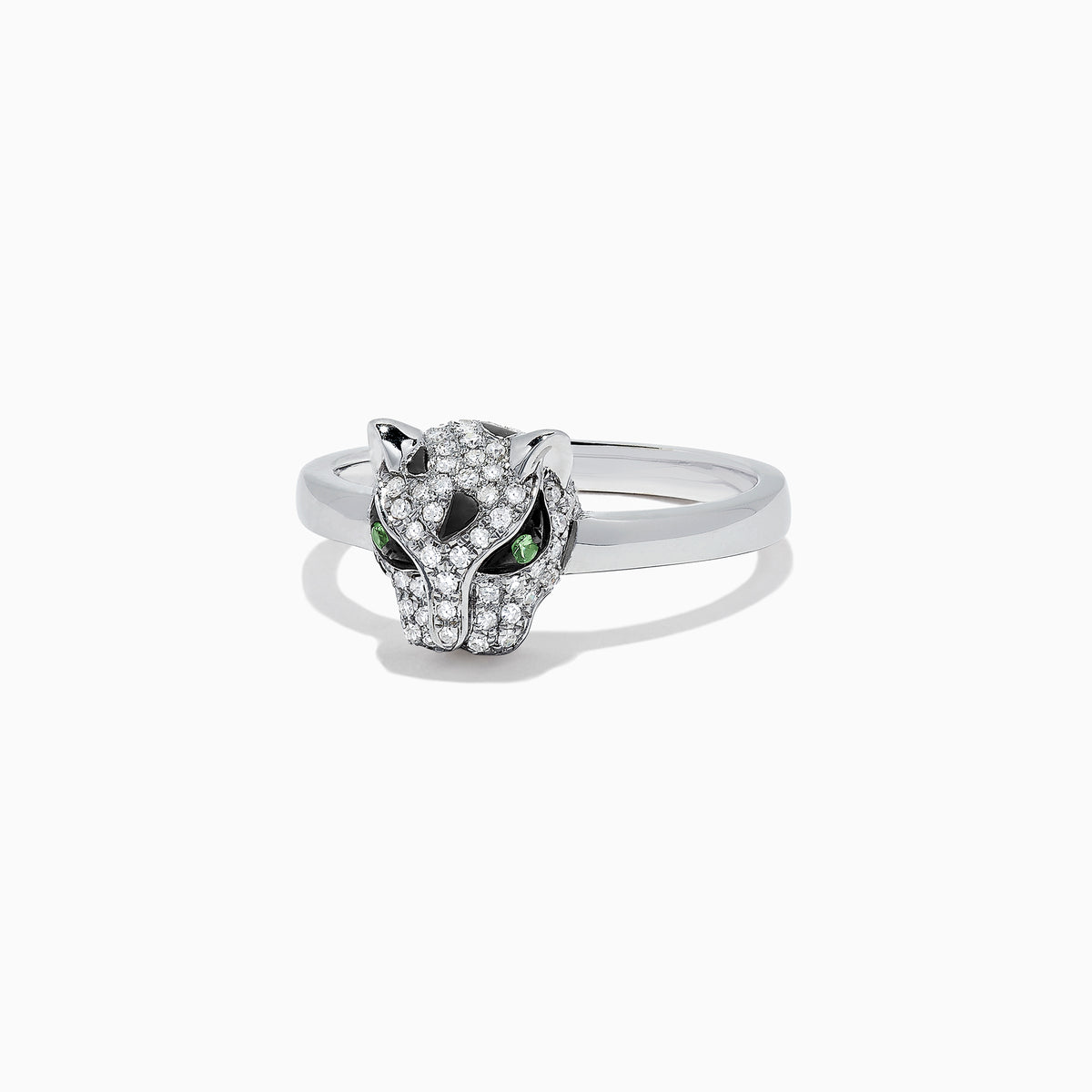 The Signature 14K White Gold Diamond and Tsavorite Panther Ring, 0.25 TCW, showcases a panther head with sparkling diamonds and vivid green tsavorite eyes, set against a plain white background.