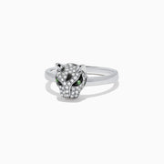 The Signature 14K White Gold Diamond and Tsavorite Panther Ring, 0.25 TCW, showcases a panther head with sparkling diamonds and vivid green tsavorite eyes, set against a plain white background.