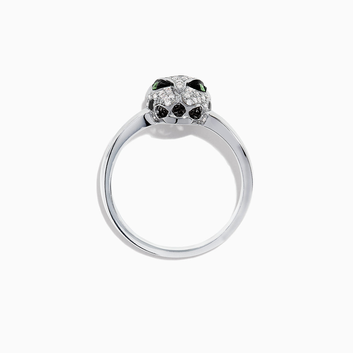 The Signature 14K White Gold Diamond and Tsavorite Panther Ring, 0.25 TCW, showcases a panther’s head with vivid green tsavorites for eyes and black stones on the face, elegantly set in white gold.