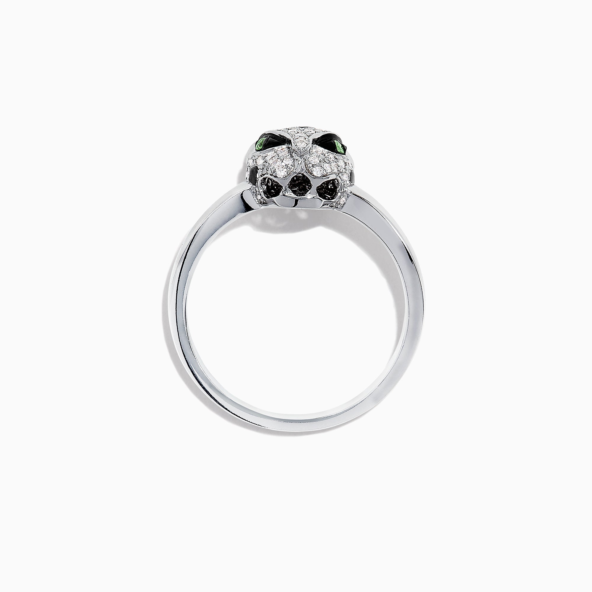 The Signature 14K White Gold Diamond and Tsavorite Panther Ring, 0.25 TCW, showcases a panther’s head with vivid green tsavorites for eyes and black stones on the face, elegantly set in white gold.