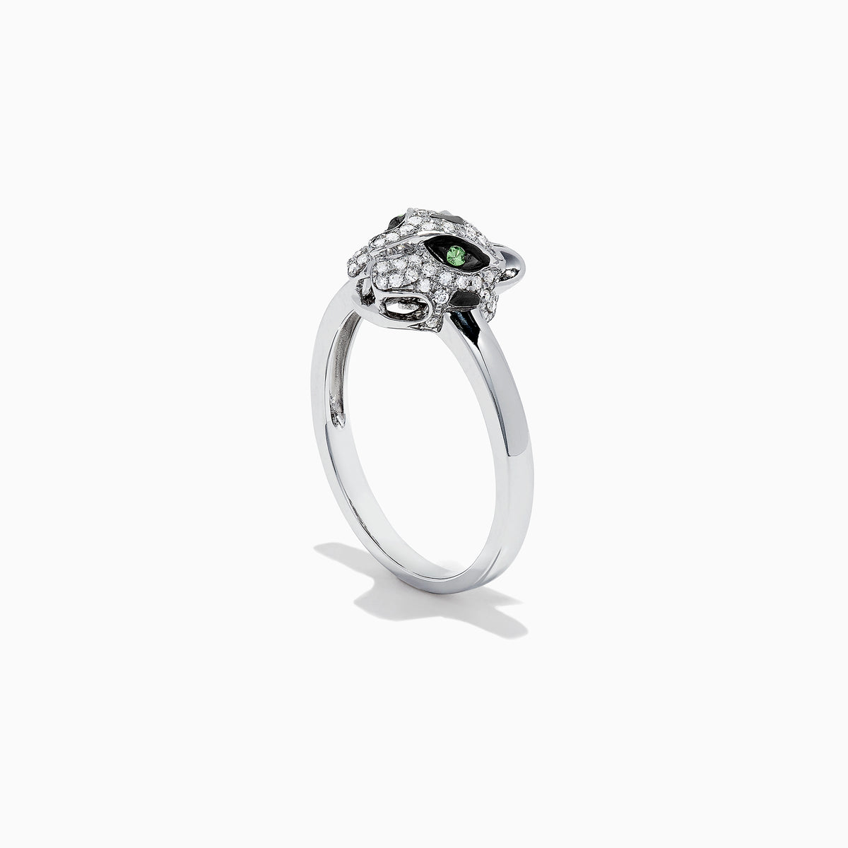 The Signature 14K White Gold Diamond and Tsavorite Panther Ring, 0.25 TCW, features a sculpted panther head with sparkling diamonds and vivid green tsavorites for the eyes, shown against a white background.