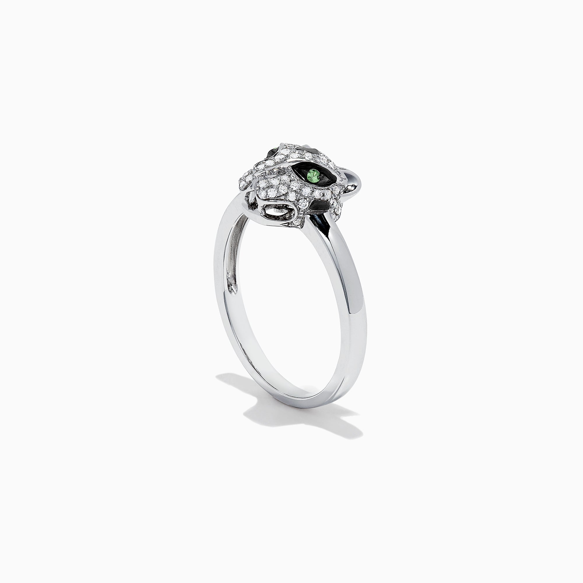 The Signature 14K White Gold Diamond and Tsavorite Panther Ring, 0.25 TCW, features a sculpted panther head with sparkling diamonds and vivid green tsavorites for the eyes, shown against a white background.