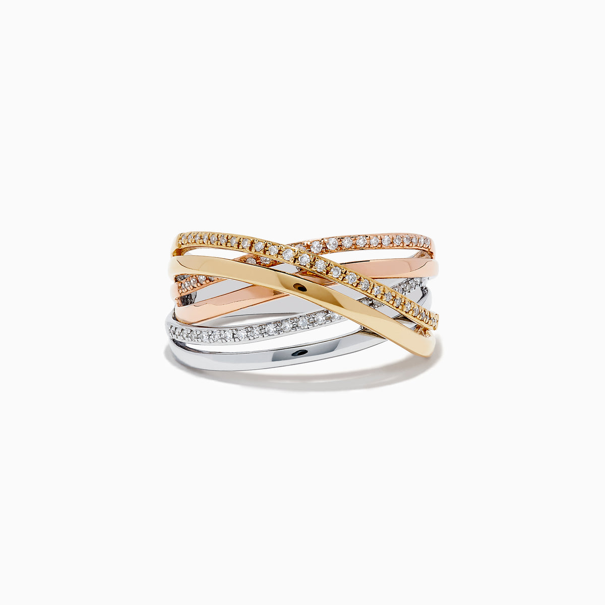 The Trio 14K Three-Tone Gold Diamond Crossover Ring features intertwined yellow, rose, and white gold bands accented with round diamonds for a stylish, layered look.