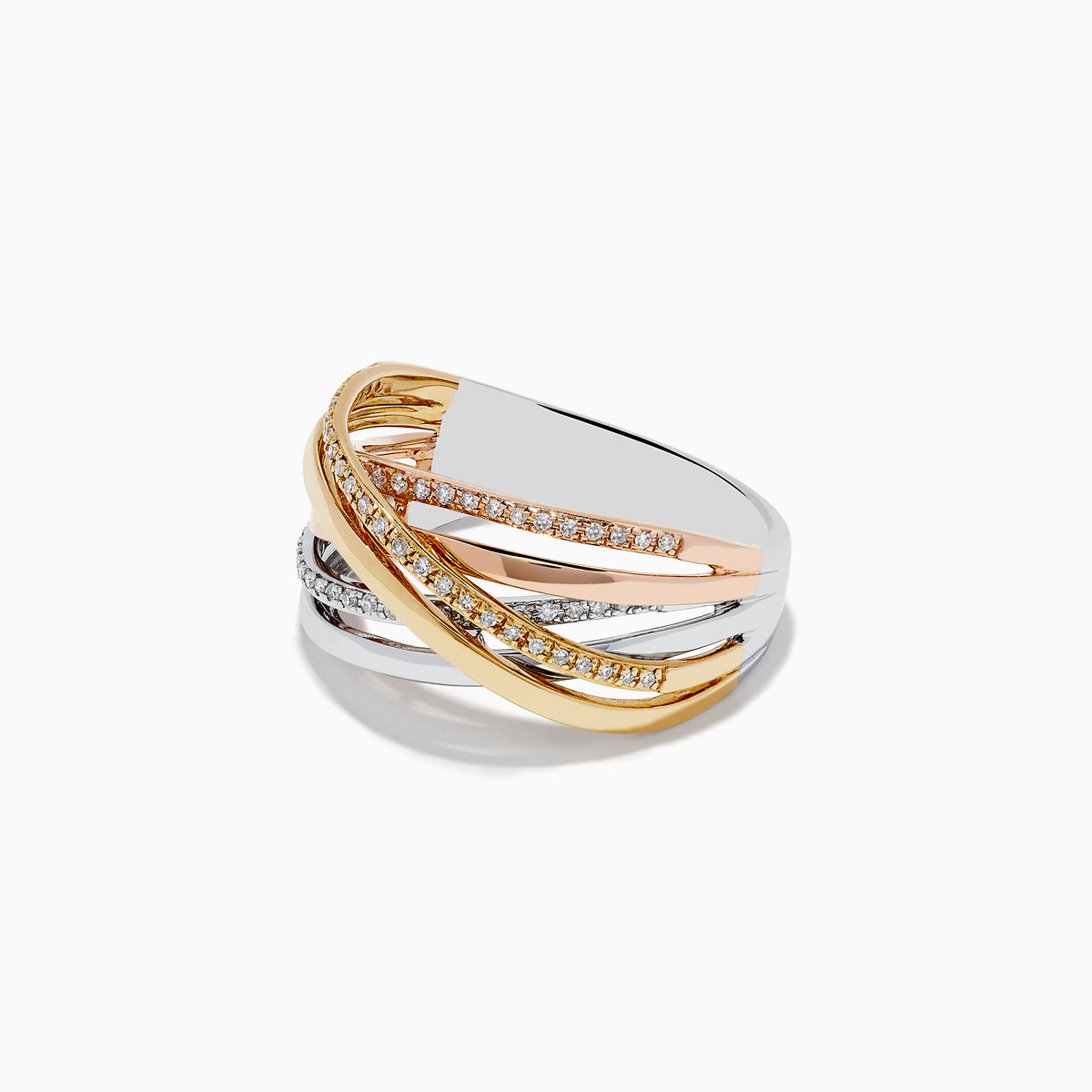 The Trio 14K Three-Tone Gold Diamond Crossover Ring features intertwined yellow, rose, and white gold bands accented with round diamonds for a stylish, layered look.