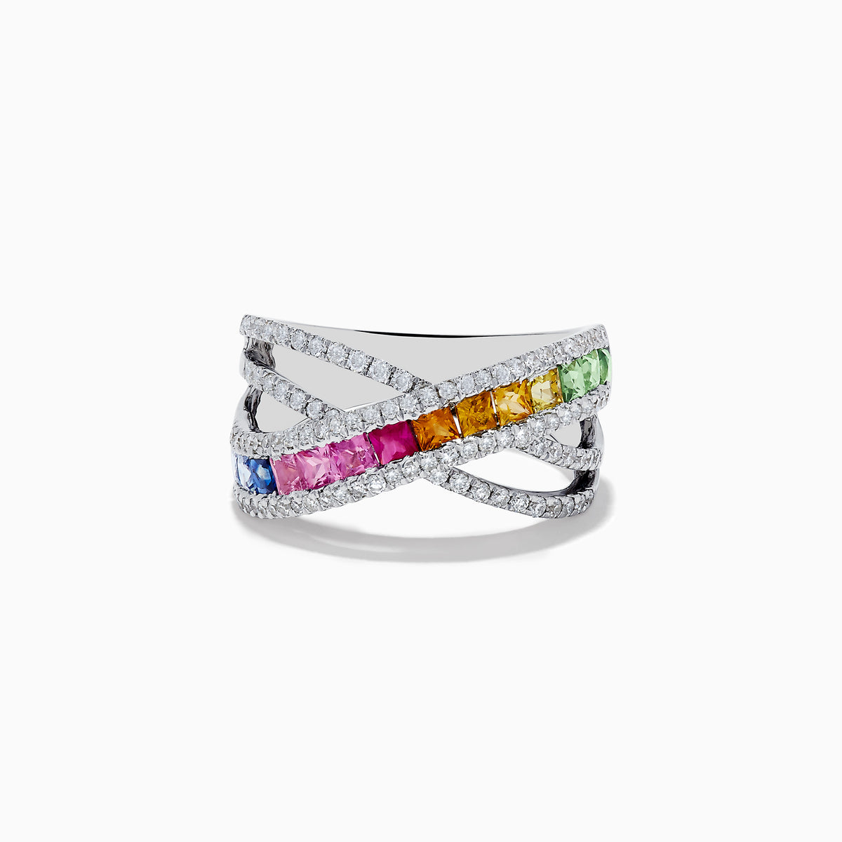 The Watercolors 14K Gold Multi Sapphire & Diamond Crossover Ring features silver crisscrossing bands with square-cut multi sapphires and pavé-set white diamonds, creating a vibrant, modern statement piece.