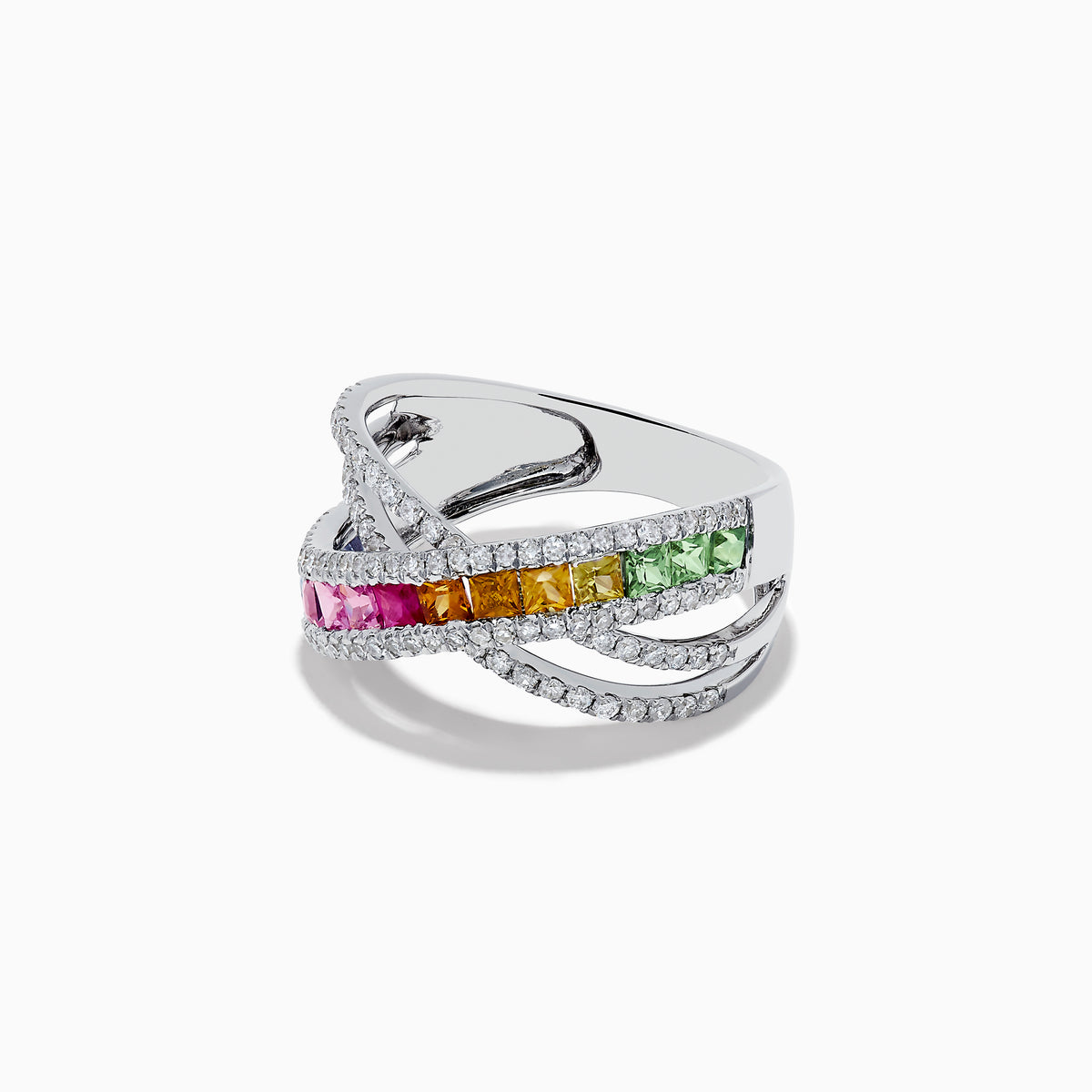 The Watercolors 14K Gold Multi Sapphire & Diamond Crossover Ring features silver crisscrossing bands with square-cut multi sapphires and pavé-set white diamonds, creating a vibrant, modern statement piece.