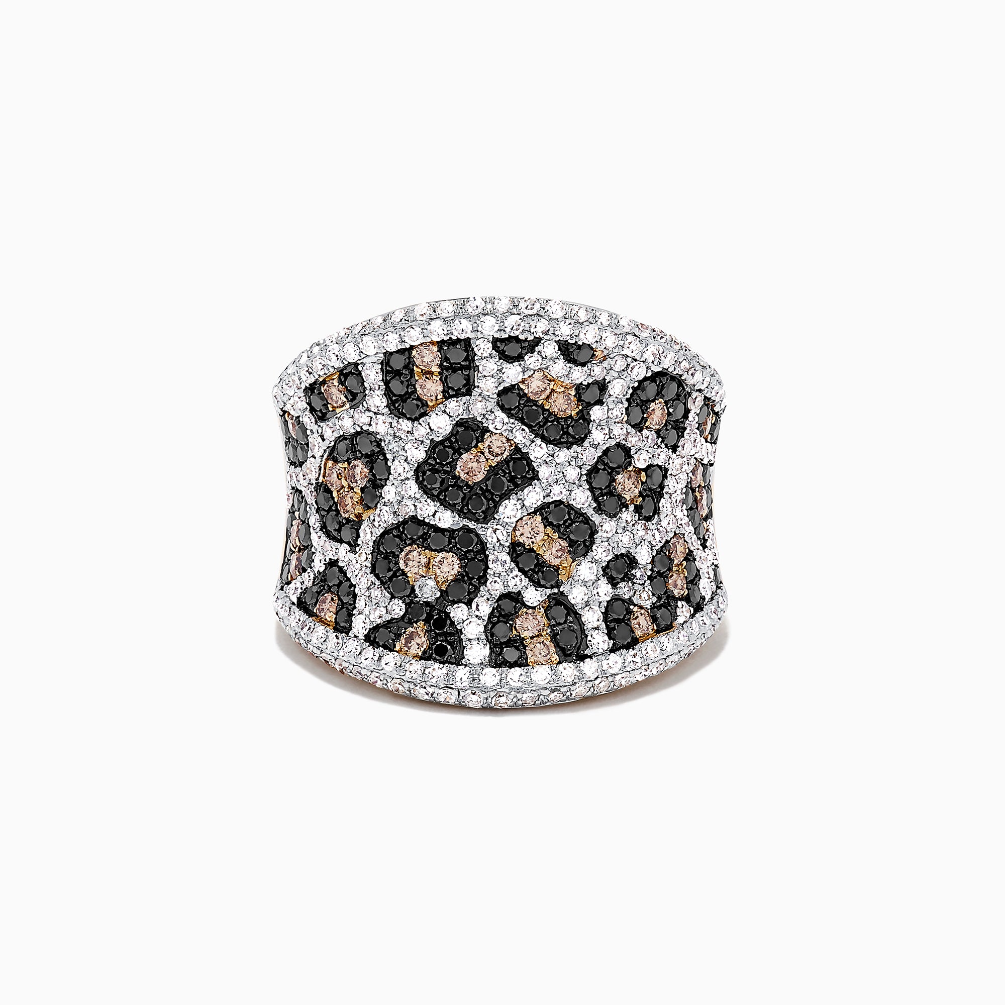 The 14K Yellow Gold Espresso, Black and White Diamond Ring features a striking leopard print design with 1.83 TCW of diamonds.