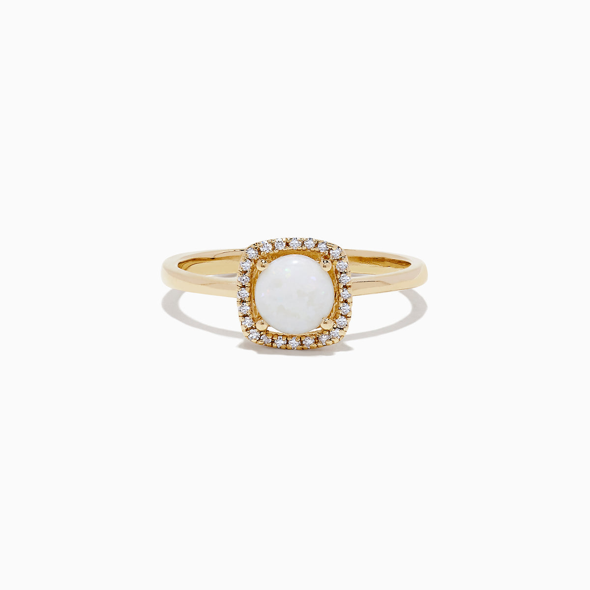 The Aurora 14K Yellow Gold Opal and Diamond Ring, 0.62 TCW, showcases an oval white opal center framed by a rectangular halo of sparkling diamonds, displayed on a plain white background.