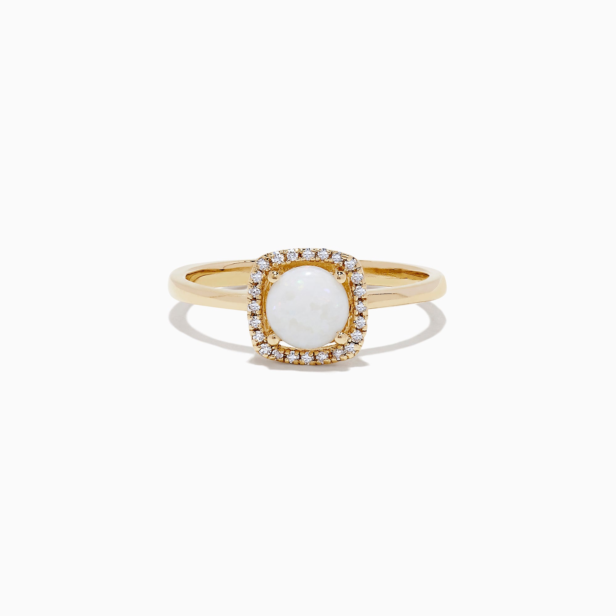 The Aurora 14K Yellow Gold Opal and Diamond Ring, 0.62 TCW, showcases an oval white opal center framed by a rectangular halo of sparkling diamonds, displayed on a plain white background.