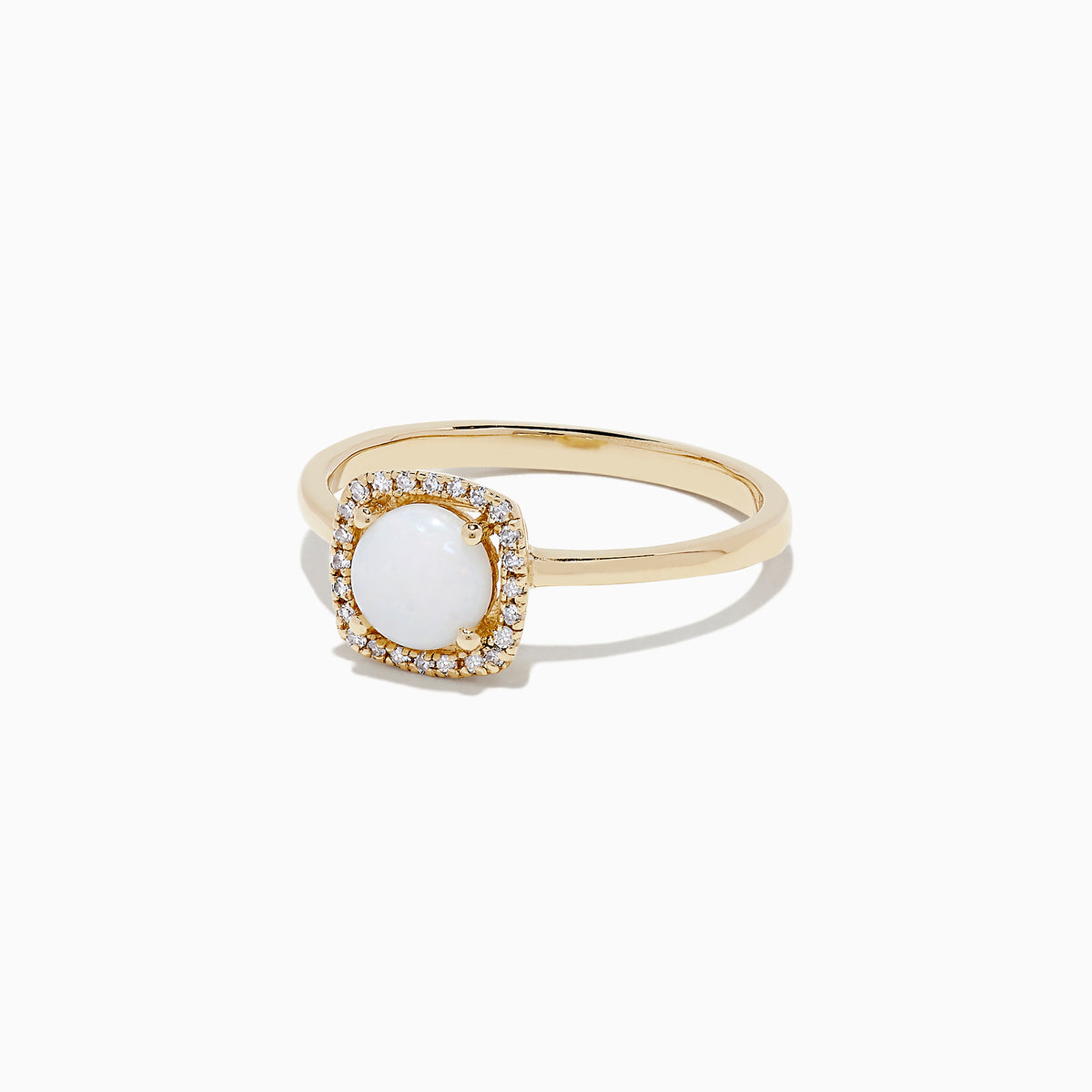 The Aurora 14K Yellow Gold Opal and Diamond Ring, 0.62 TCW, showcases an oval white opal center framed by a rectangular halo of sparkling diamonds, displayed on a plain white background.