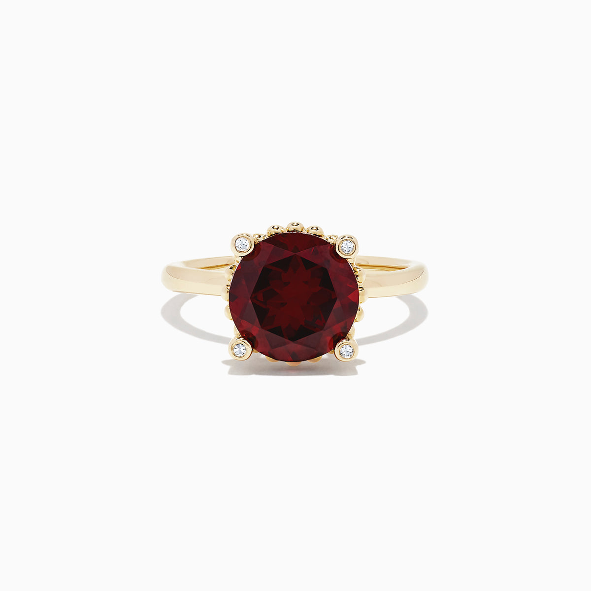 The Bordeaux 14K Yellow Gold Garnet and Diamond Ring, 5.67 TCW, features a large round deep-red garnet center with four small round white diamonds at the cardinal points, all set in elegant yellow gold.